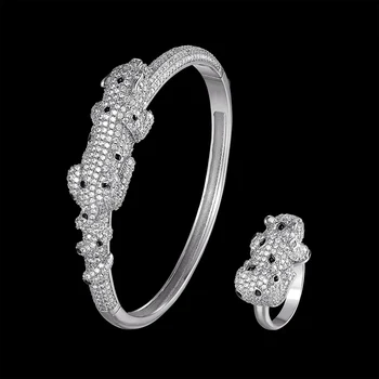 Lanruisha Luxusné leží leopard náramok a prsteň, šperky nastaviť zirkón micro vykladané s pražené čierna farba klasické Módne šperky