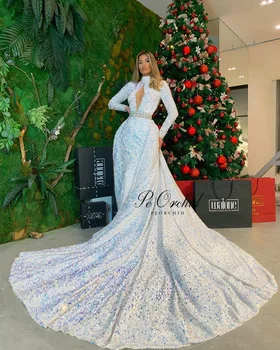 PEORCHID Dubaj Flitrami Večerné Šaty Dlhé Rukávy Moslimských Vysoká Krku S Vlakom Ženy Iskru Elegantné Mermaid Party Formálne Šaty