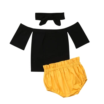 0-24M Dieťa Novorodenca Dievča Oblečenie Nastaviť Lete Roztomilý Mimo Ramenný Čierny Topy+Žlté Šortky+hlavový most Oblečenie Oblečenie Sady