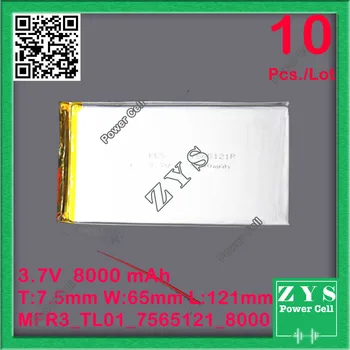 10 ks Bezpečnosti Balenie (Úroveň 4) 3,7 V 8000mah 7565121 Lithium Polymer Li-Po Nabíjateľná Batéria Pre PAD DIY E-Knihy, GPS, PSP DVD