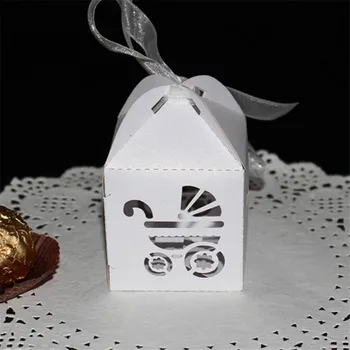 100ks Nový Európsky Štýl Svadby Candy Box Duté Baby Kočík Candy Box Dieťa Narodeniny Darček White Blue Box Čokoláda