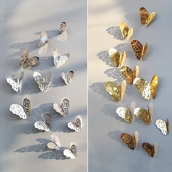 12 Ks/sada 3D Hollow Motýľ Samolepky na Stenu Domova DIY Chladnička nálepky Plagát Izba Strany Svadobné nástenná maľba Ornament, Zlata, Striebra