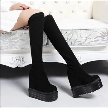 14 CM nad kolená, topánky dlhé topánky vysokým podpätkom platformu topánky žena muffin spodnej časti topánky