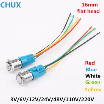 16 mm Kovové Push-tlačidlo Prepnúť 3v 6V alebo 12V 24V 48V 110V 220v Self-locking a Momentálne s červená žltá modrá zelená biela Led Spínač