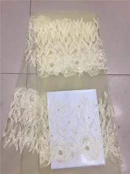 2018 Afriky, perly francúzskej čipky mix Guipure kábel čipky hranice skvelé tylu textílie s 3D Appliques 5 metrov Broskyňa svadobné zelená
