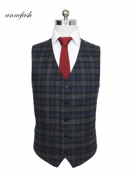 2018 Nový štýl Zákazku kvalitné vlnené navy sivý kockovaný tweed vesta prispôsobené Britský štýl mužov vesta