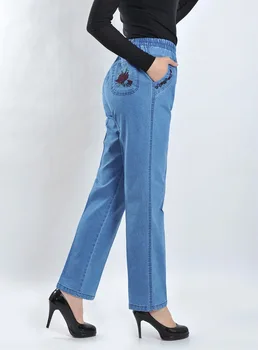 2018 džínsy ženy lete denim lýtkové výšivky džínsy plus veľkosť 5XL vysoký pás pružnosť bežné nohavice ženský jean teľa
