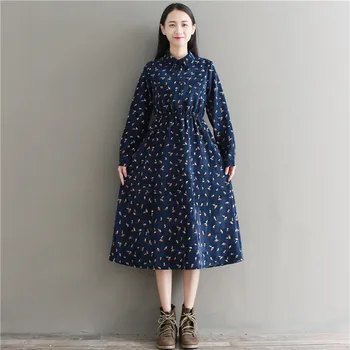2018 nový príchod jesene tlač šaty pre ženy, dlhý rukáv menčester tmavo modré šaty