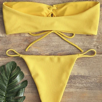 2019 Sexy Žien Predáva Bandeau Čipky Mimo Ramenný Rebra Čalúnená Bezdrôtový Bikini Set plavky