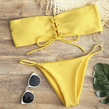 2019 Sexy Žien Predáva Bandeau Čipky Mimo Ramenný Rebra Čalúnená Bezdrôtový Bikini Set plavky