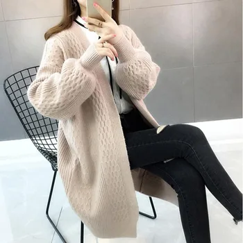 2019winter topy pre ženy, ženy cardigan Voľné farbou sveter dlhý sveter kabát čierny sveter ženy pletený sveter