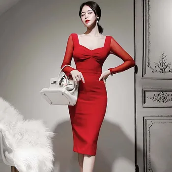 2020 Jar Nové Elegantné Ženy Šaty Skladaný V krku Spojov Tenkých Oka Rukáv Elegantné Ceruzka Šaty Módne Slim OL Kúzlo Červené Šaty