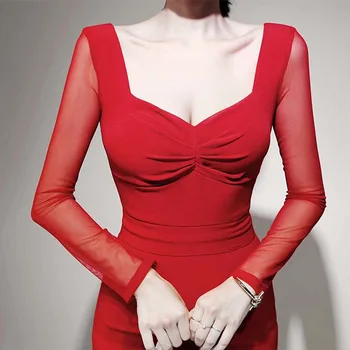 2020 Jar Nové Elegantné Ženy Šaty Skladaný V krku Spojov Tenkých Oka Rukáv Elegantné Ceruzka Šaty Módne Slim OL Kúzlo Červené Šaty