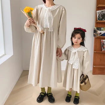 2020 Jeseň nové Šaty Rodič Dieťaťa Šaty matka a dcéra kolo krku jednofarebné šaty dlhý rukáv