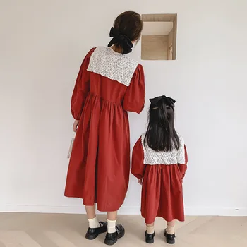 2020 Jeseň nové Šaty Rodič Dieťaťa Šaty matka a dcéra kolo krku jednofarebné šaty dlhý rukáv
