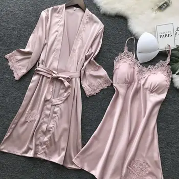 2020 Lete Sexy Hodvábny Župan & šaty Sady Pre Ženy, Župan + Mini Noc Šaty Dva Kusy Sleepwear 5 Farba Podprsenka Pyžamá