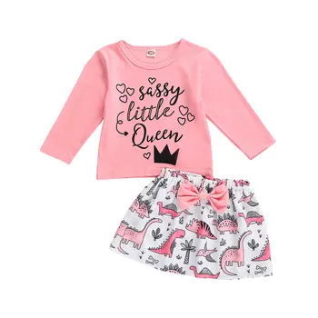 2020 Letné Baby Dievčatá Oblečenie Set sa Dlhé Rukávy Okrúhle Krčný List Vytlačiť T-shirt + Cartoon Dinosaura Tlač Sukne 0-4t-taktné Batoľa