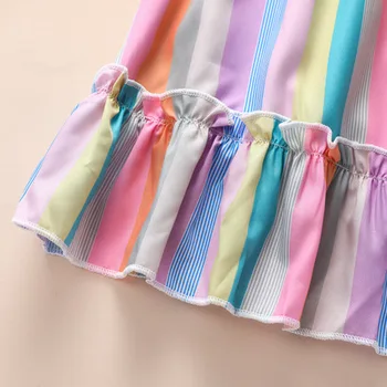 2020 Letné Módy Roztomilý Rainbow Midi Č Rukáv Námestie Golier Pruhy Vytlačené Vysoký Pás Horela Princezná Sukne Baby Girl Šaty