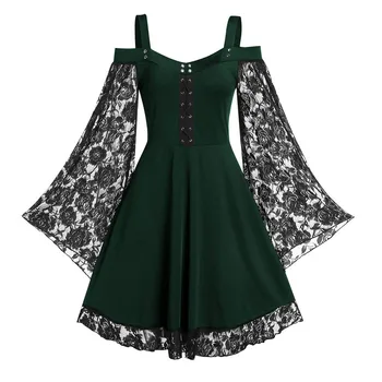 2020 Módne Nový Gothic, Vintage Čipky Patchwork Ženy Šaty Plus Veľkosť Goth Obväz Dámy Špagety Popruh Šaty