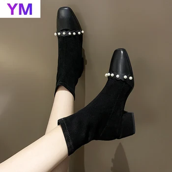 2020 Módne Stádo Úsek Ponožky Korálky Členková Obuv Štvorcové Prst Zimné Topánky pre Ženy, 5CM Námestie Päty Topánky Zapatos Para Mujer