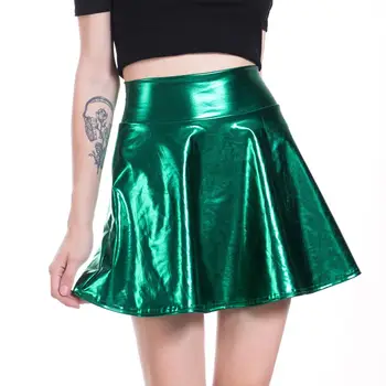2020 Módne Ženy Holografické Sukne Krátke Strieborné Laser Lesk Plus Veľkosť Skladaná Sukňa PU Kožené Hologram Lesklý Krátke Sukne
