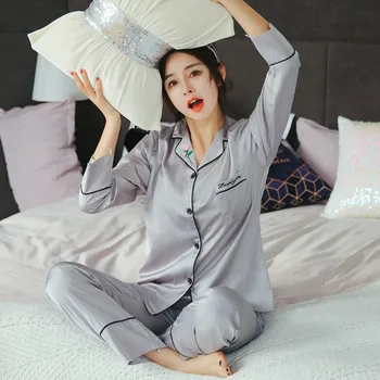 2020 Nové Jeseň Hodvábny Satén Dlhý Rukáv Pajama Sady pre Ženy Sleepwear Vyhovovali Pyžamo Plavky oblečenie pre voľný čas Pijama Mujer Domáce Oblečenie