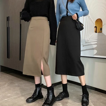 2020 Nové Módne Ženy Dlhé Sukne Vintage Vysoký Pás Farbou Package Hip Štíhly A-line Sukne Office Lady Pre Zimné