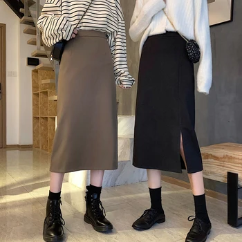 2020 Nové Módne Ženy Dlhé Sukne Vintage Vysoký Pás Farbou Package Hip Štíhly A-line Sukne Office Lady Pre Zimné