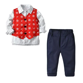 2020 chlapčeka Oblečenie Sady Gentleman Oblečenie Bavlna Stripe Tričko+Vesta+Náprsníkové Nohavice 3KS Oblečenia Bebes Obleky 1 až 5 Rokov