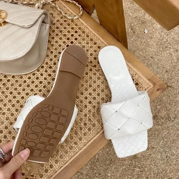 2020 nový dizajn značky žena papuče väzbe tkaniny žena letné beach listov vonkajšie flip flops otvorené prst ploché črievičku