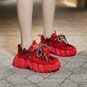 2020 Ženy, Robustný Tenisky Dizajnér Otec Topánky Na Platforme Svieti Black Red Dámy Ulzzang Módne Kožené Členkové Topánky Žena