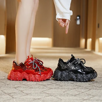 2020 Ženy, Robustný Tenisky Dizajnér Otec Topánky Na Platforme Svieti Black Red Dámy Ulzzang Módne Kožené Členkové Topánky Žena