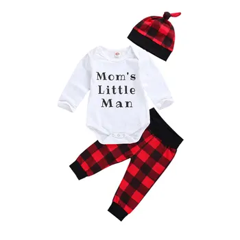 3 Kusy Dieťa Chlapca Oblečenie Nastaviť Jedinečné Písmeno Dlhým rukávom Jumpsuit Módne Kockované Nohavice Nohavice + Klobúk 2021 Vianočné Oblečenie