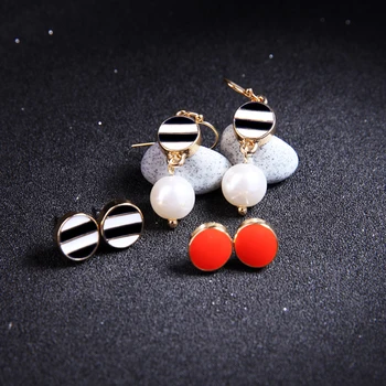 3 Páry Orange Black & White Malé Okrúhle Smalt Náušnice Set Roztomilé Akryl Pearl Ženy Náušnice Šperky Kórea