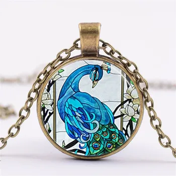3 / farby Páva, vták, šperky charakter umenia náhrdelník sklenenou kupolou modrá Páva Crystal tlač