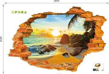 3D Porušenú Stenu západ Slnka Scenérie Seascape Ostrov Kokosové Palmy Domácnosti Ozdobu Môžete Odstrániť Samolepky na Stenu