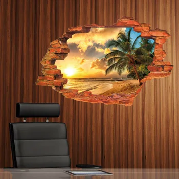 3D Porušenú Stenu západ Slnka Scenérie Seascape Ostrov Kokosové Palmy Domácnosti Ozdobu Môžete Odstrániť Samolepky na Stenu