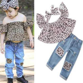3ks Dieťa Dieťa Dievčatá Oblečenie Oblečenie Sady Volánikmi Leopard T-shirt Plodín Topy Zničené Otvory Dlhé Nohavice Luk pokrývku hlavy hlavový most 1-7T
