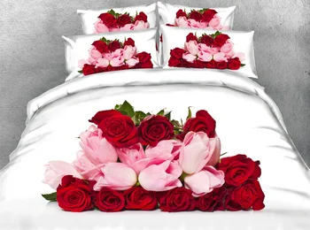 3ks kvety posteľ nastaviť jeden kráľovná super king size postelí sady obliečky bielej tkaniny s kvetinovým červené ruže listov