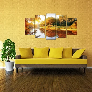 5 Kusov Plátno Plagáty a Vytlačí Spálňa Zlaté Stromov na Rieke Tlač Domova Plagát západ Slnka HD Maľovanie pre Miestnosti Dekorácie
