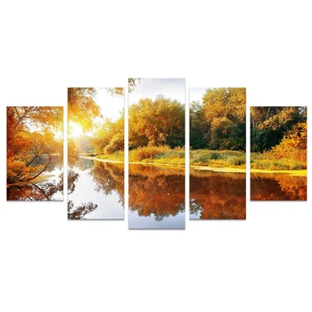 5 Kusov Plátno Plagáty a Vytlačí Spálňa Zlaté Stromov na Rieke Tlač Domova Plagát západ Slnka HD Maľovanie pre Miestnosti Dekorácie