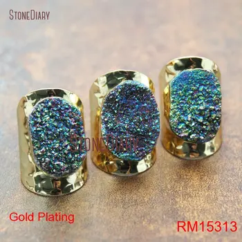 5 ks Veľkoobchod Rainbow Aura Druzy Crystal Prsteň Zlatý, Kovová, Striebro Nepravidelného Tvaru Krúžku Nastaviteľné RM15312