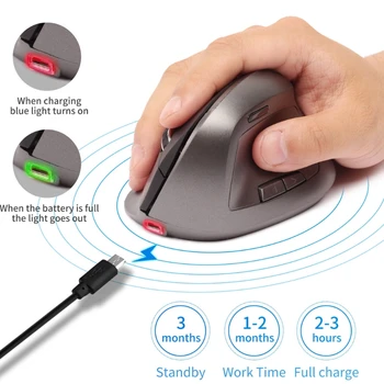 6 Tlačidlá Ergonomická Bezdrôtová Myš, 1600DPI, USB Nabíjateľné 2.4 GHz Optické Vertikálne Myši pre PC, Notebook, Desktop, Notebook