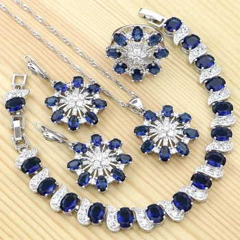 925 Silver Šperky Súprava Modrá Cubic Zirconia White Crystal Náušnice/Prívesok/Náhrdelník/Náramok/Prsteň pre Ženy