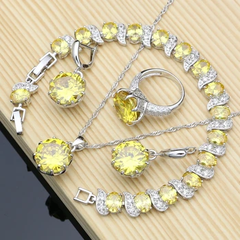925 Sterling Silver Šperky Sady Yellow Crystal Pre Ženy Strany Náušnice/Prívesok/Krúžky/Náramok/Náhrdelník Nastaviť Dropshipping