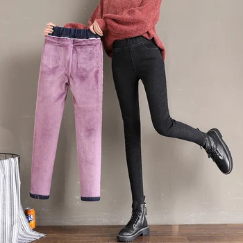Aby zime s velvet zahusťovanie džínsy ženské nohy nohavice vysoko elastický pás úsek tesný teplé ženské ceruzkou nohavice