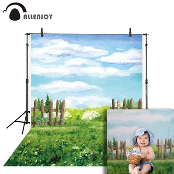 Allenjoy jar pozadia pre fotografovanie olejomaľba oblohe mraky plot trávy dieťa novorodenec pozadí photocall photobooth