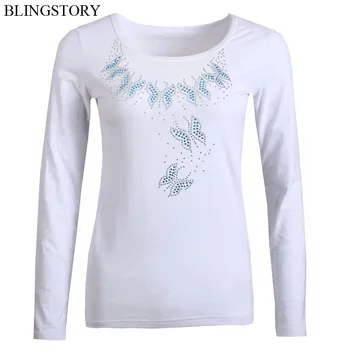 BLINGSTORY Vysoko Kvalitné Diamantové Korálky Motýľ Plus Veľkosť Topy s Dlhým Rukávom Jeseň T-shirts S-6XL