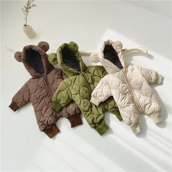 Baby Boy Zimné Romper Šaty s Kapucňou kórejský Novorodenca Dievčatá Thickend Teplé Kombinézach s Dlhým Rukávom Bavlna-čalúnená Trakmi, 6M-3y