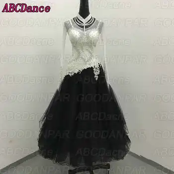 Ballroom dance súťaže šaty oka sukne Moderné tanečné šaty Black white longsleeve Valčík tanečné šaty
